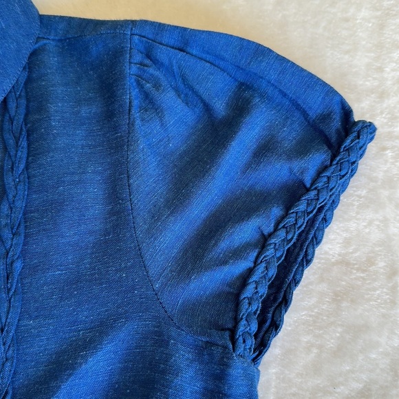 PERSAMAN New York Cobalt Blue Short Puff Sleeve Linen Blend Top, Size Medium - Picture 10 of 13